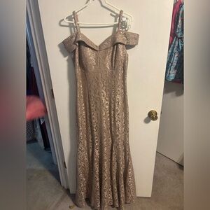 R & M Richards Strapless Lace Gown in Champagne